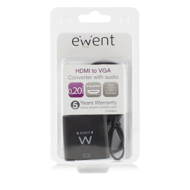 Ewent - EW9864 adaptador de cable de vídeo 0,2 m HDMI VGA, 3.5mm Negro
