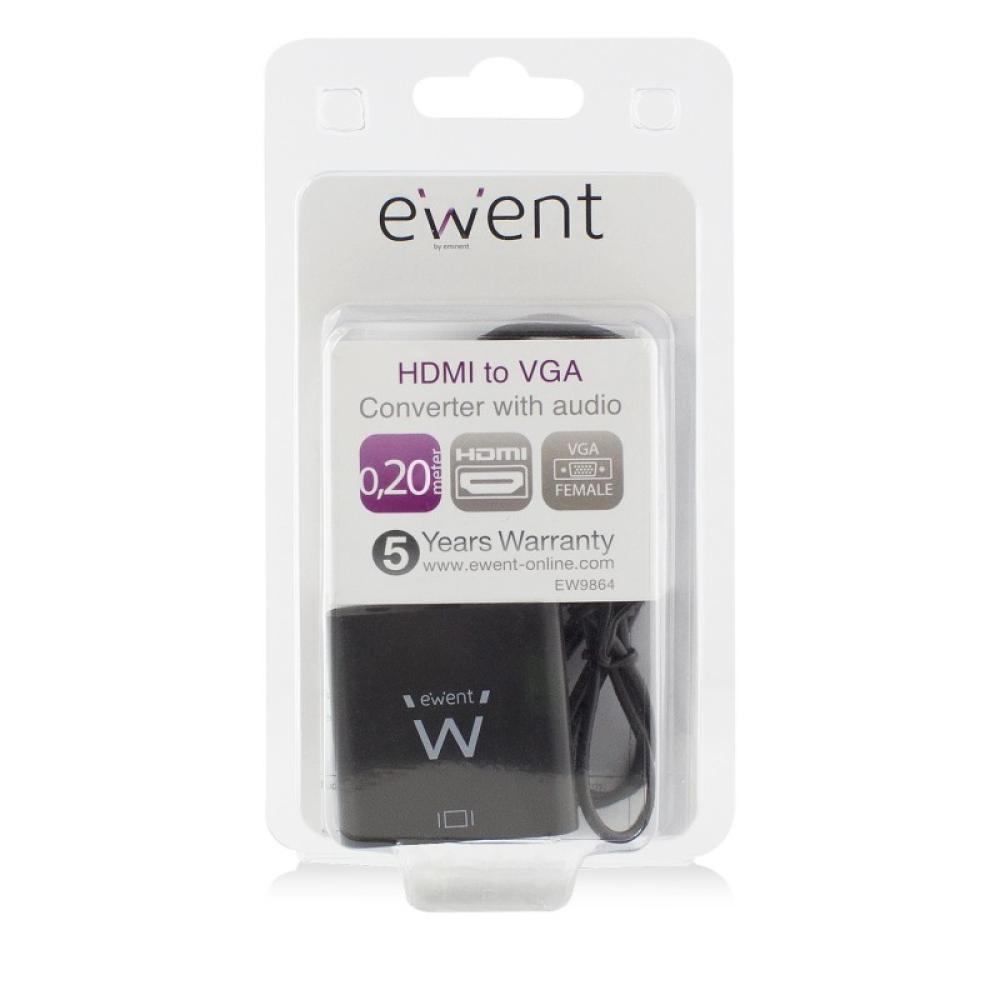 Ewent - EW9864 adaptador de cable de vídeo 0,2 m HDMI VGA, 3.5mm Negro