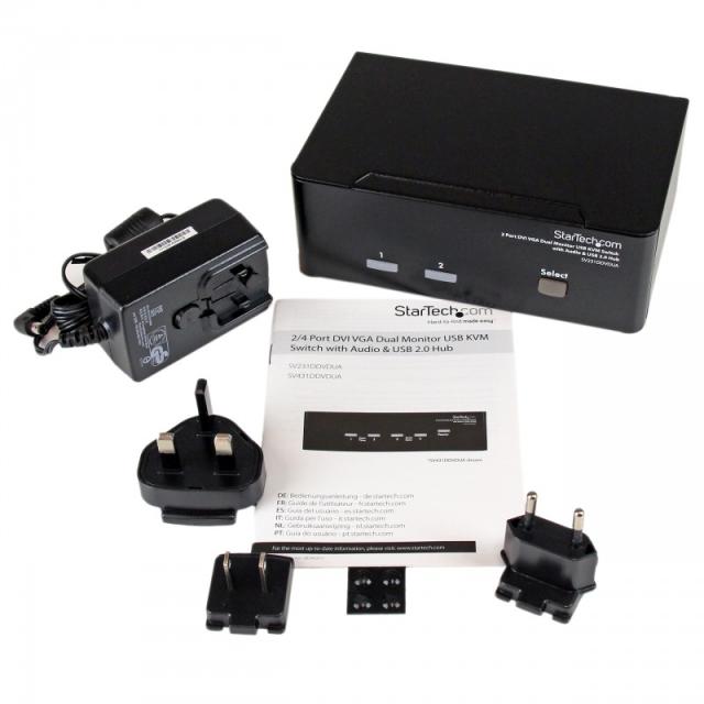 StarTech.com - Conmutador Switch KVM de 2 Puertos Doble Monitor DVI VGA Audio 4 Puertos USB 1920x1200