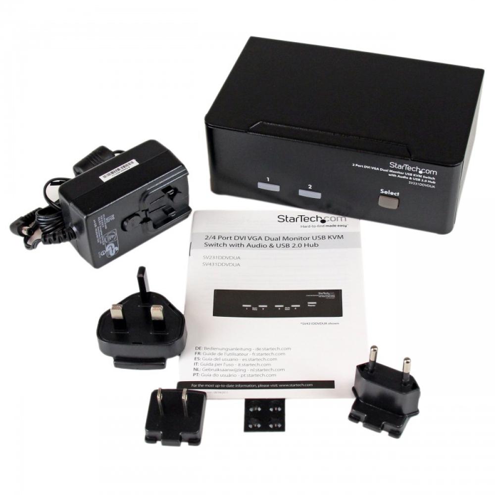 StarTech.com - Conmutador Switch KVM de 2 Puertos Doble Monitor DVI VGA Audio 4 Puertos USB 1920x1200