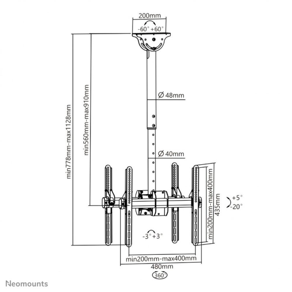 Neomounts - NM-C440DBLACK Soporte de techo para doble monitor/TV 32-60" - alt. 56-91 cm