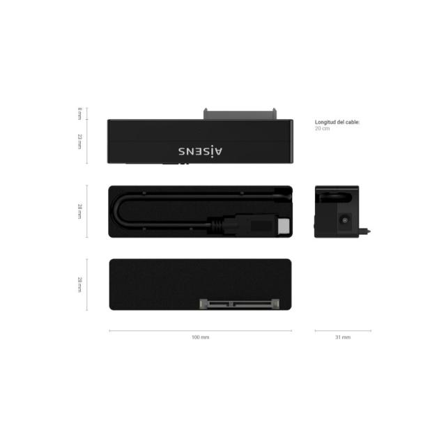AISENS - Adaptador ASE-35C02B SATA a USB-C USB 3.0/USB3.1 GEN1 para Discos Duros 2.5" y 3.5" con Alimentador, Negro