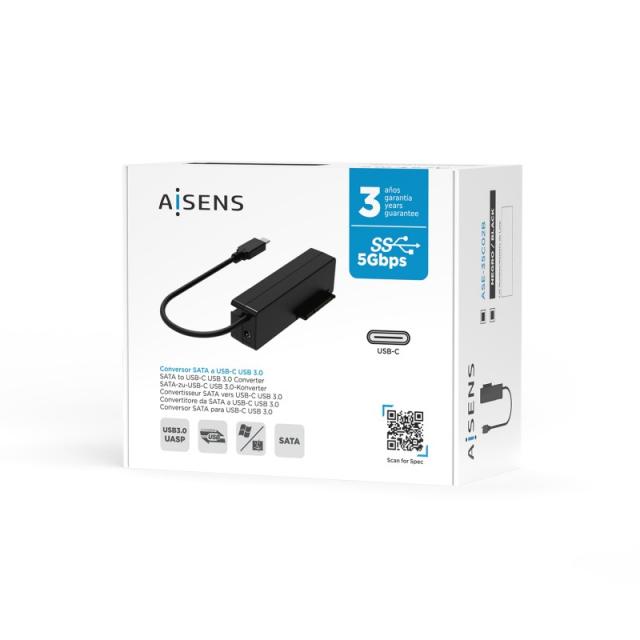 AISENS - Adaptador ASE-35C02B SATA a USB-C USB 3.0/USB3.1 GEN1 para Discos Duros 2.5" y 3.5" con Alimentador, Negro