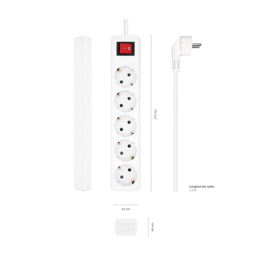 AISENS - Base Multiple 5 Tomas con Interruptor con Cable 3×1.5mm2, Blanco, 1.4 m