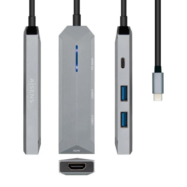 AISENS - USB-C dock 4 en 1, USB-C a 1xHDMI, 2xUSB, 1xPD, Gris, 15 cm