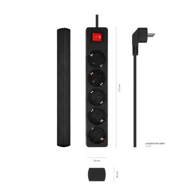 AISENS - Base Multiple 5 Tomas con Interruptor con Cable 3×1.5mm2, Negro, 1.4 m