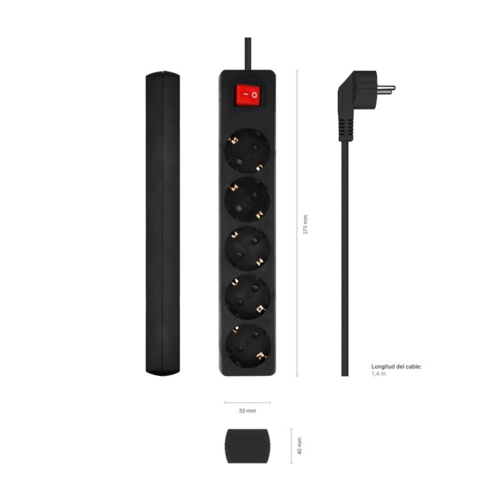 AISENS - Base Multiple 5 Tomas con Interruptor con Cable 3×1.5mm2, Negro, 1.4 m