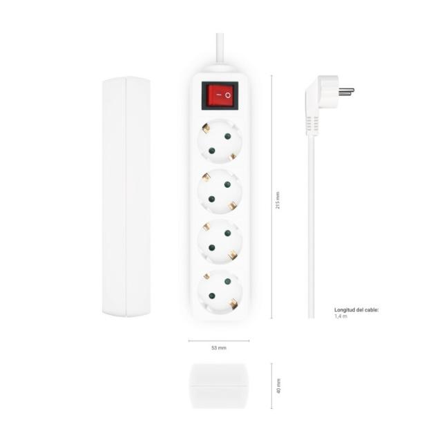 AISENS - Base Multiple 4 Tomas con Interruptor con Cable 3×1.5mm2, Blanco, 1.4 m