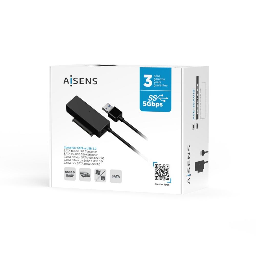 AISENS - Adaptador ASE-35A01B SATA a USB-A USB 3.0/USB3.1 GEN1 para Discos Duros 2.5? y 3.5? con Alimentador, Negro