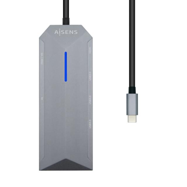 AISENS - USB-C dock 8 en 1, USB-C a 1xHDMI, 1xRJ45, 3xUSB, 1xPD, 1xSD, 1xMicroSD, Gris, 15 cm
