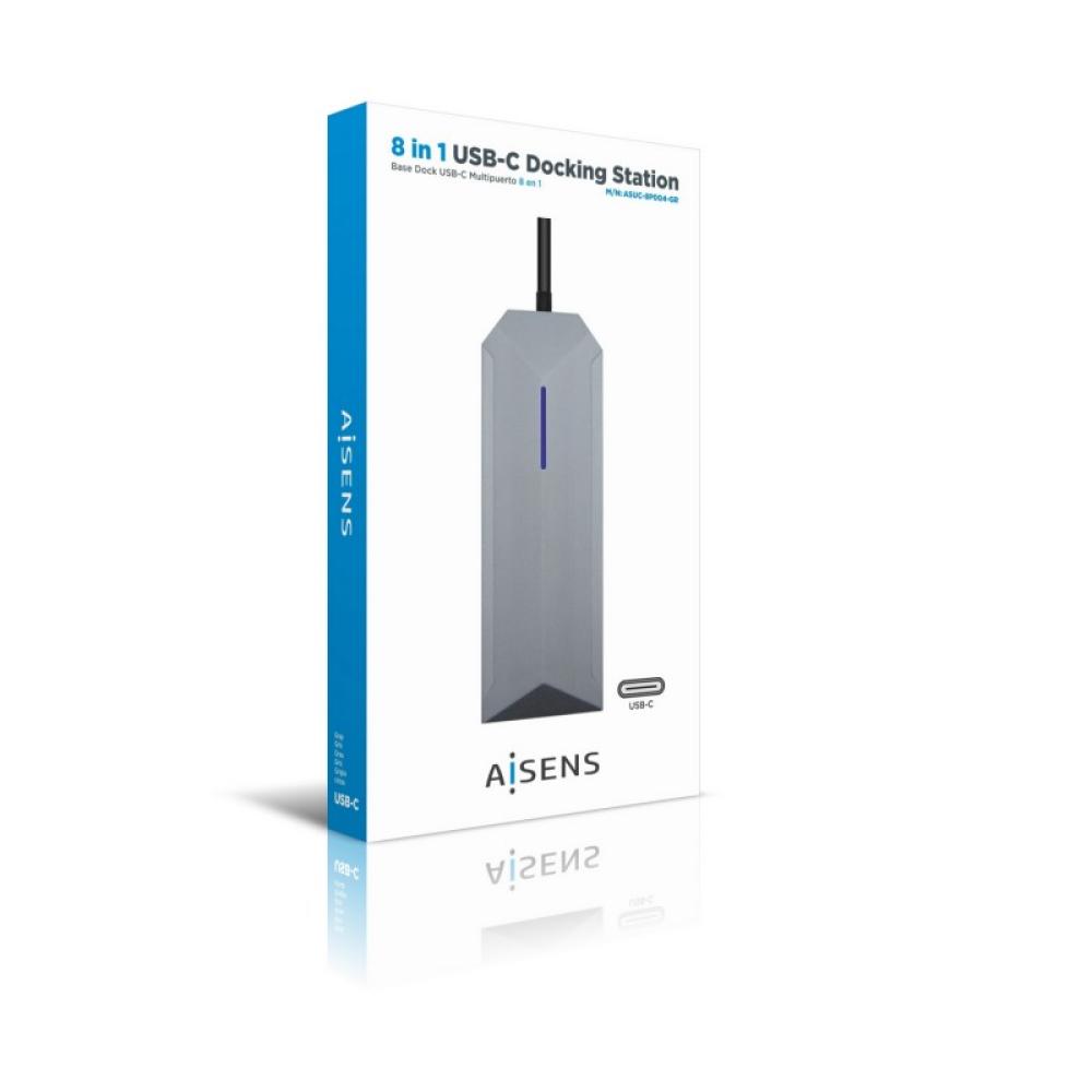 AISENS - USB-C dock 8 en 1, USB-C a 1xHDMI, 1xRJ45, 3xUSB, 1xPD, 1xSD, 1xMicroSD, Gris, 15 cm