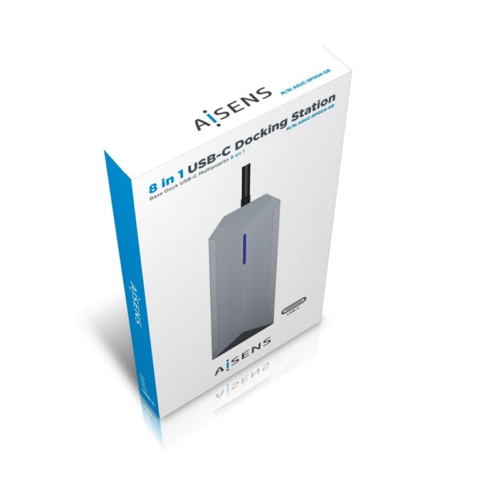 AISENS - USB-C dock 8 en 1, USB-C a 1xHDMI, 1xRJ45, 3xUSB, 1xPD, 1xSD, 1xMicroSD, Gris, 15 cm