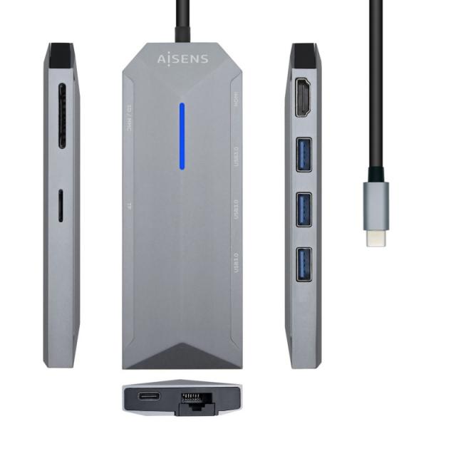 AISENS - USB-C dock 8 en 1, USB-C a 1xHDMI, 1xRJ45, 3xUSB, 1xPD, 1xSD, 1xMicroSD, Gris, 15 cm