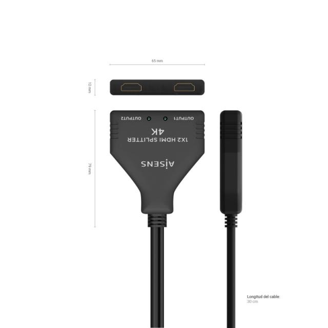 AISENS - HDMI Duplicador 4K@30HZ 1×2 con Alimentación USB y Cable, Negro, 30 cm
