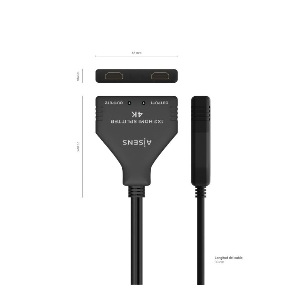 AISENS - HDMI Duplicador 4K@30HZ 1×2 con Alimentación USB y Cable, Negro, 30 cm
