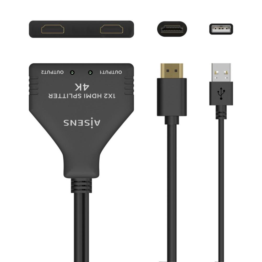 AISENS - HDMI Duplicador 4K@30HZ 1×2 con Alimentación USB y Cable, Negro, 30 cm
