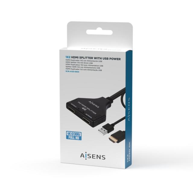 AISENS - HDMI Duplicador 4K@30HZ 1×2 con Alimentación USB y Cable, Negro, 30 cm
