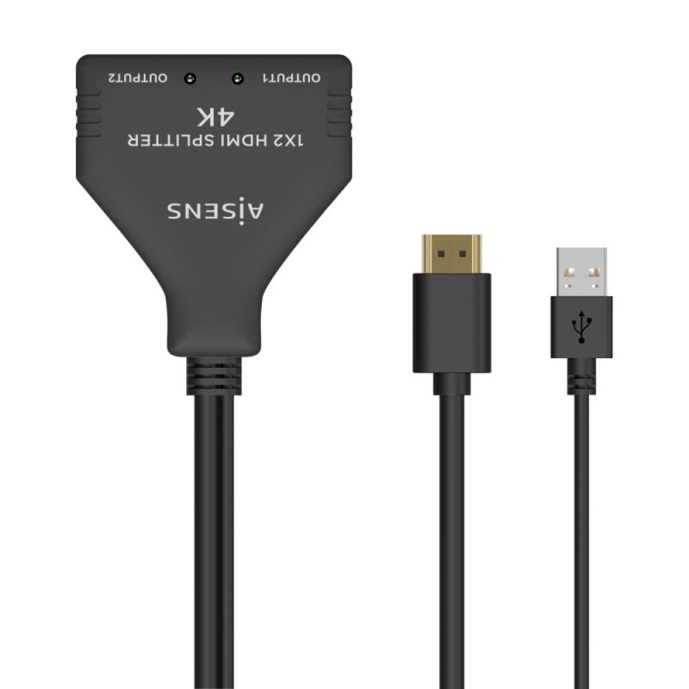 AISENS - HDMI Duplicador 4K@30HZ 1×2 con Alimentación USB y Cable, Negro, 30 cm