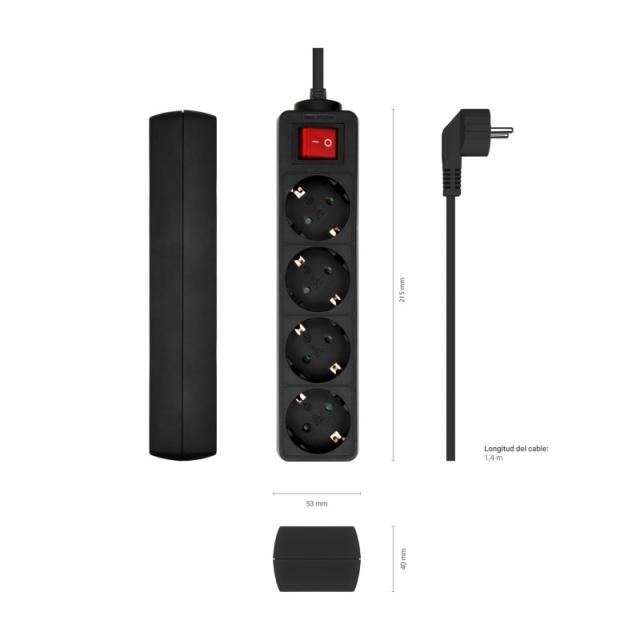 AISENS - Base Multiple 4 Tomas con Interruptor con Cable 3×1.5mm2, Negro, 1.4 m