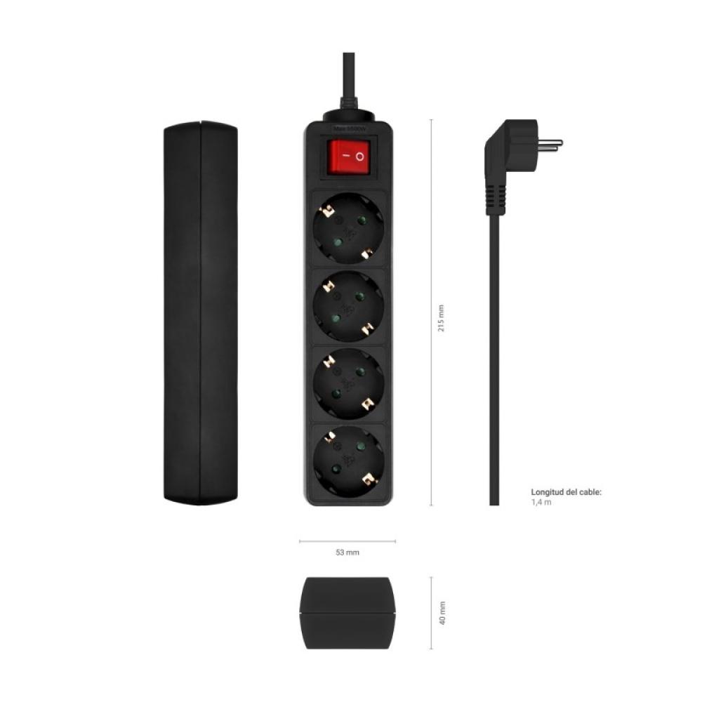 AISENS - Base Multiple 4 Tomas con Interruptor con Cable 3×1.5mm2, Negro, 1.4 m