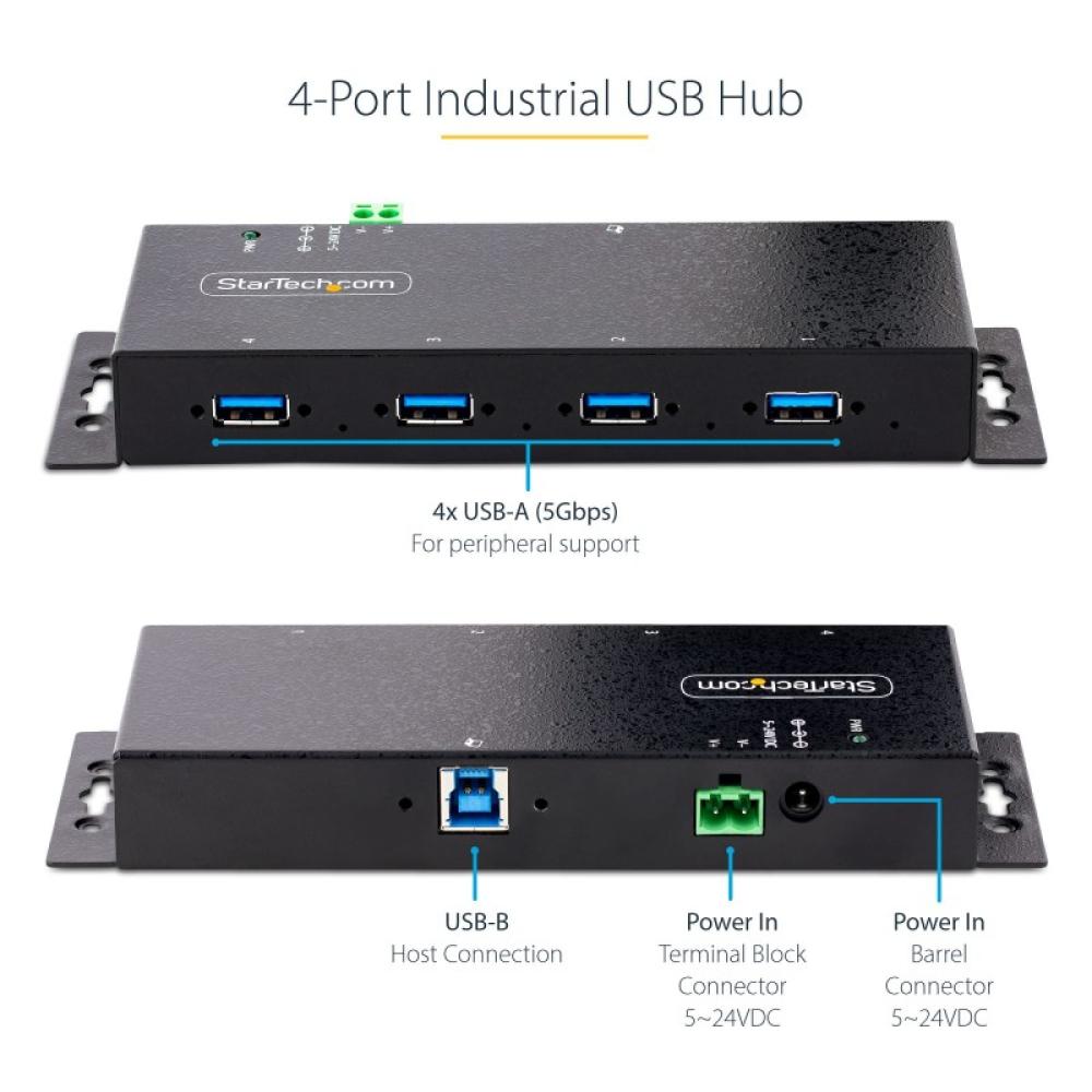StarTech.com - Hub Industrial USB 3.0 de 5Gbps de 4 Puertos - Concentrador USB con Protección de Picos y Descargas ESD - Ladrón