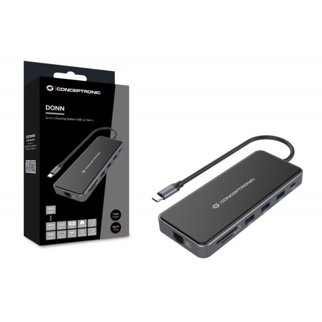 Conceptronic - DONN15G base para portátil y replicador de puertos Alámbrico USB 3.2 Gen 1 (3.1 Gen 1) Type-C Gris