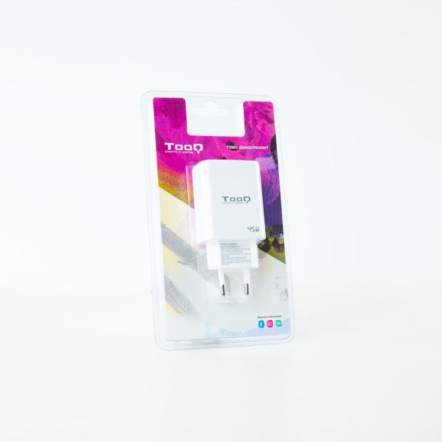 TooQ - Cargador de Pared GaN USB-C/PD + USB-A/QC 45W, Blanco