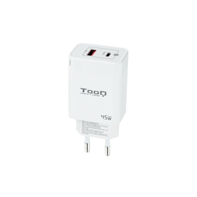 TooQ - Cargador de Pared GaN USB-C/PD + USB-A/QC 45W, Blanco