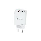 TooQ - Cargador de Pared GaN USB-C/PD + USB-A/QC 45W, Blanco