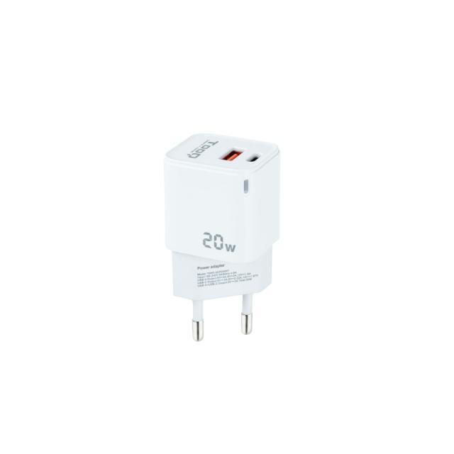 TooQ - Cargador de Pared USB-C/PD + USB-A/QC 20W, Blanco