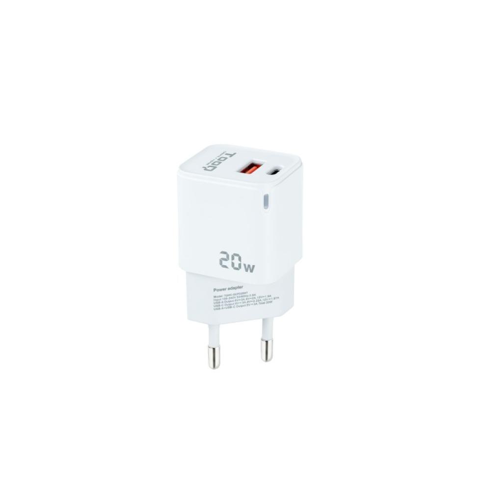 TooQ - Cargador de Pared USB-C/PD + USB-A/QC 20W, Blanco