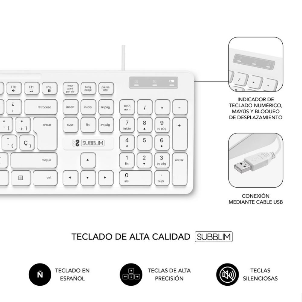 SUBBLIM - Teclado Ergonómico Business Slim Silencioso con cable USB Blanco