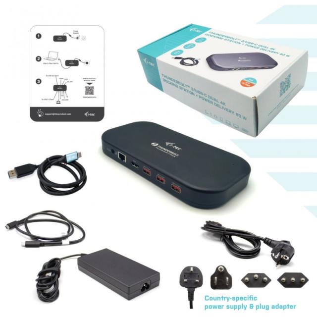 i-tec - Thunderbolt 3/USB-C Dual 4K Docking Station + USB-C to DisplayPort Cable (1,5 m) + Power Delivery 60W