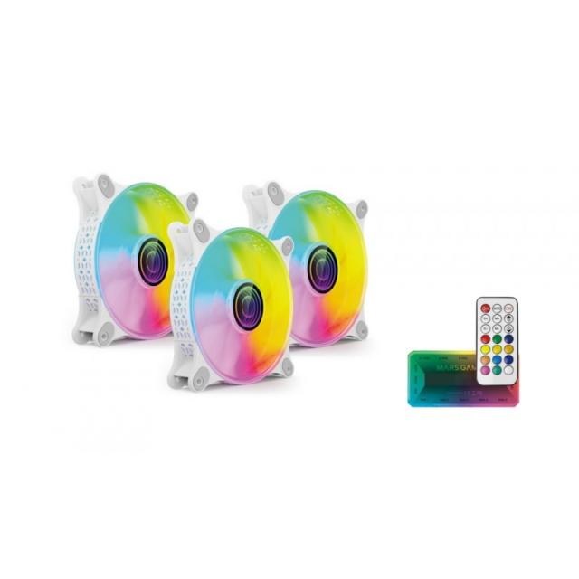 Mars Gaming - MF-3DKIT Blanco, Kit 3 Ventiladores ARGB 360° 12cm, Espejo Infinito 3D, Sistema Anti-vibraciones, Controlador ARGB