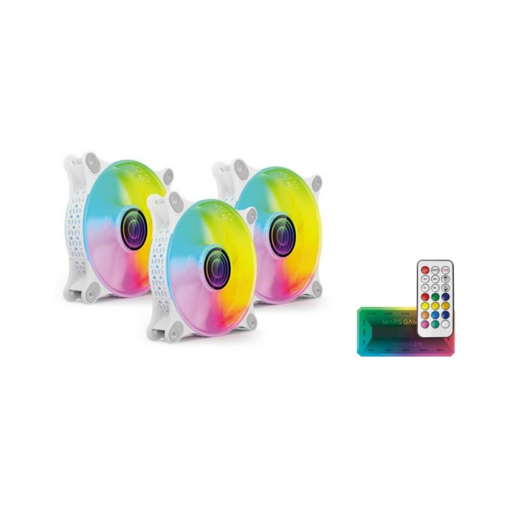 Mars Gaming - MF-3DKIT Blanco, Kit 3 Ventiladores ARGB 360° 12cm, Espejo Infinito 3D, Sistema Anti-vibraciones, Controlador ARGB