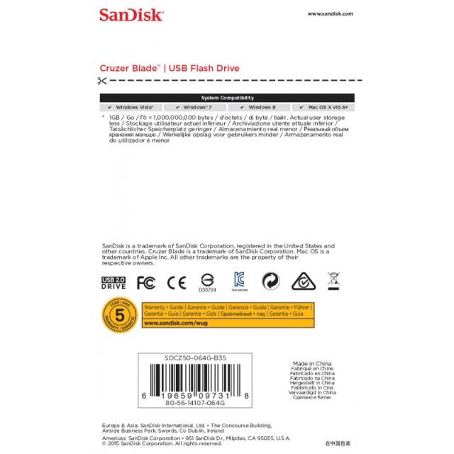 SanDisk - Cruzer Blade unidad flash USB 64 GB USB tipo A 2.0 Negro, Rojo