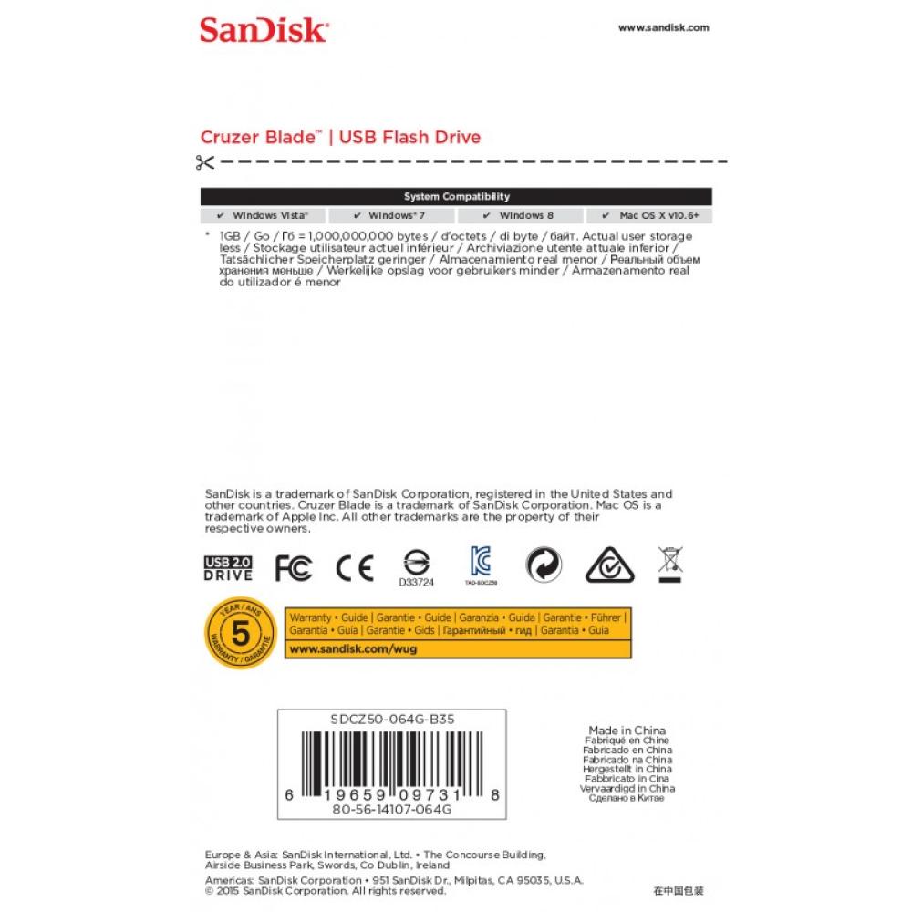 SanDisk - Cruzer Blade unidad flash USB 64 GB USB tipo A 2.0 Negro, Rojo