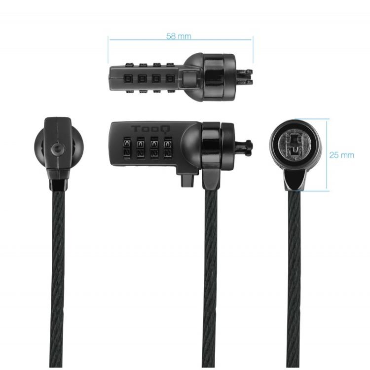 TooQ - Cable de Seguridad con Combinación para Portátiles 1.5 metros, Color Gris Oscuro