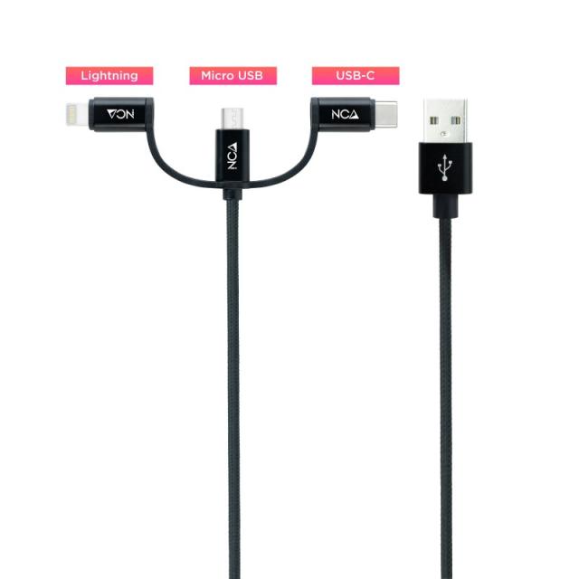 Nanocable - Cable USB 3 en 1 Carga/Datos USB-A a USB-C/Micro USB/Lightning 1 m, Negro