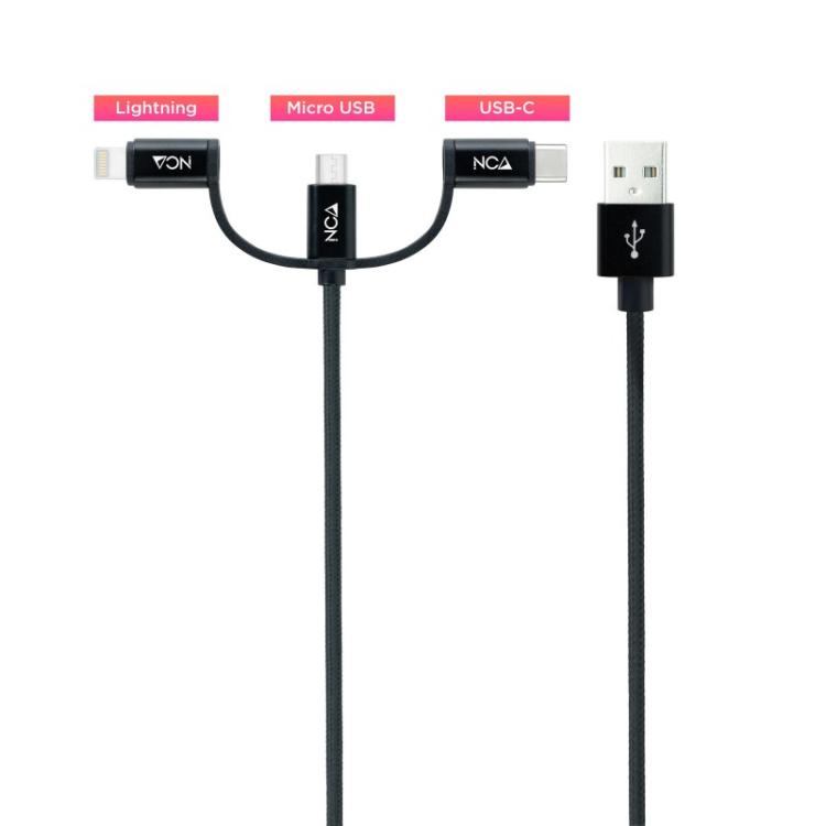 Nanocable - Cable USB 3 en 1 Carga/Datos USB-A a USB-C/Micro USB/Lightning 1 m, Negro