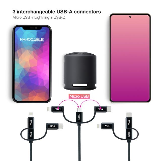 Nanocable - Cable USB 3 en 1 Carga/Datos USB-A a USB-C/Micro USB/Lightning 1 m, Negro