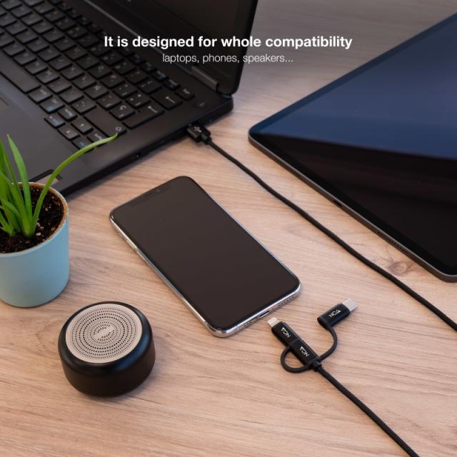 Nanocable - Cable USB 3 en 1 Carga/Datos USB-A a USB-C/Micro USB/Lightning 1 m, Negro
