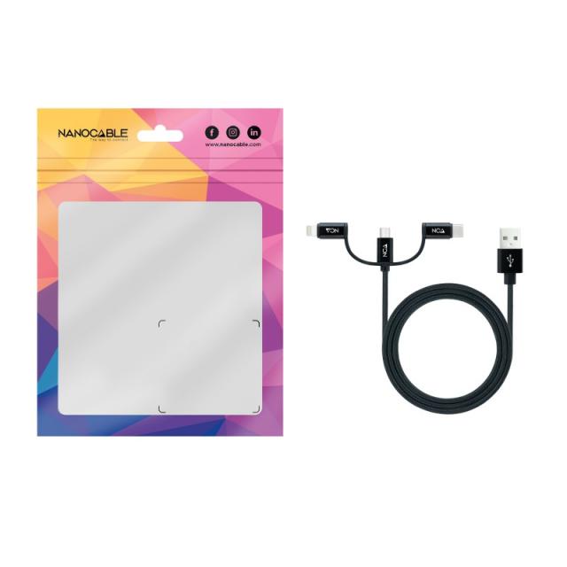 Nanocable - Cable USB 3 en 1 Carga/Datos USB-A a USB-C/Micro USB/Lightning 1 m, Negro