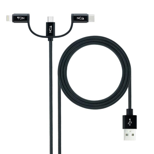 Nanocable - Cable USB 3 en 1 Carga/Datos USB-A a USB-C/Micro USB/Lightning 1 m, Negro