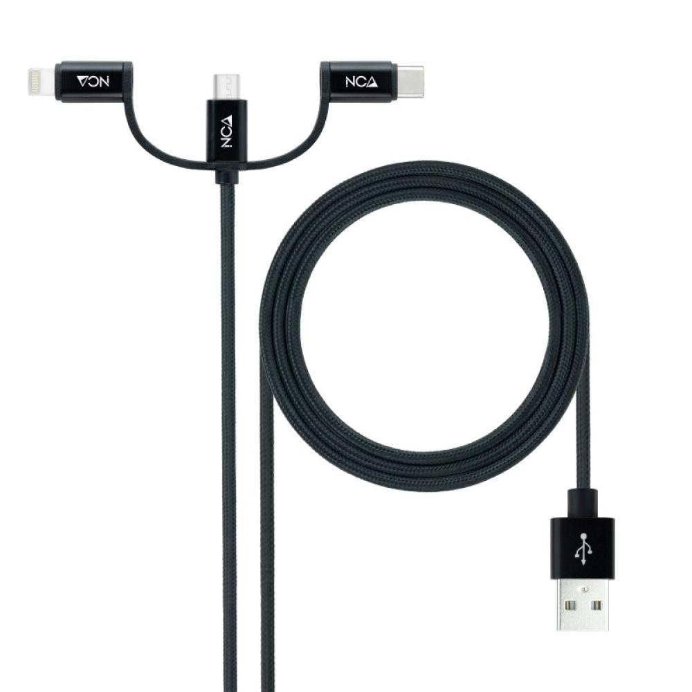 Nanocable - Cable USB 3 en 1 Carga/Datos USB-A a USB-C/Micro USB/Lightning 1 m, Negro