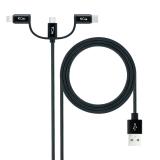 Nanocable - Cable USB 3 en 1 Carga/Datos USB-A a USB-C/Micro USB/Lightning 1 m, Negro