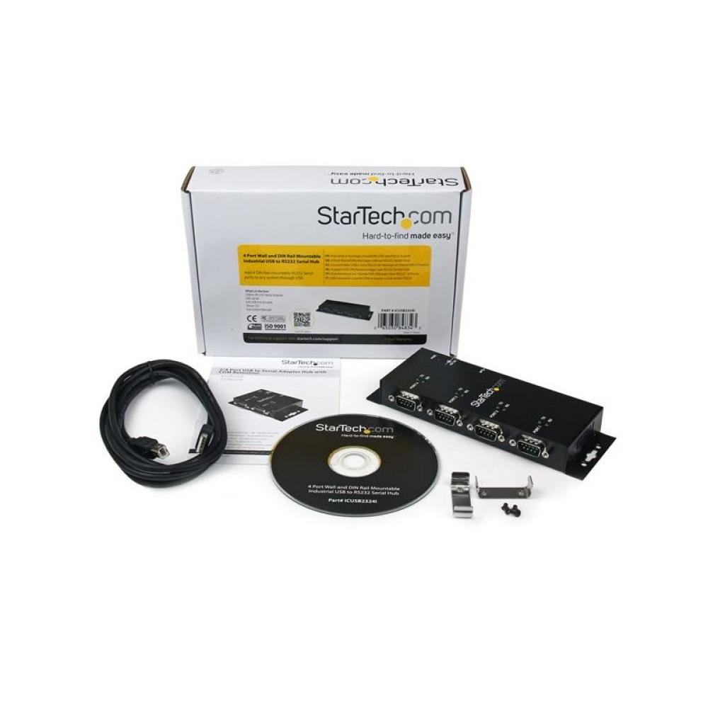 StarTech.com - Concentrador Adaptador USB a Serie RS232 DB9 4 Puertos – Riel DIN Industrial y Montaje en Pared