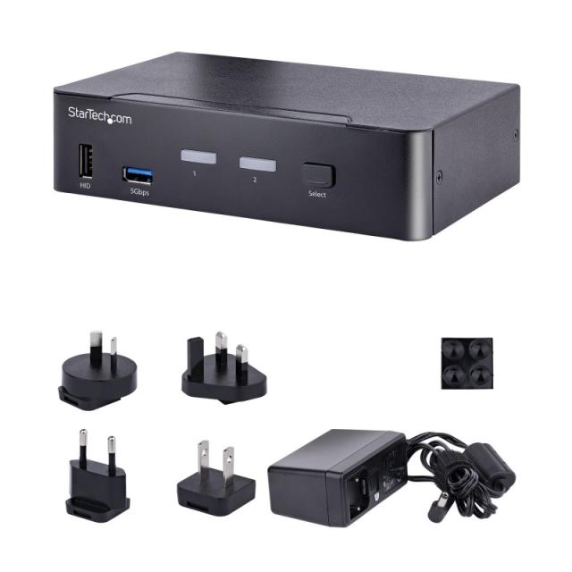 StarTech.com - Switch Conmutador KVM USB C Tipo C, KVM de 2 puertos DisplayPort con Vídeo UHD HDR de 4K 60Hz, Audio de 3,5mm, Hu
