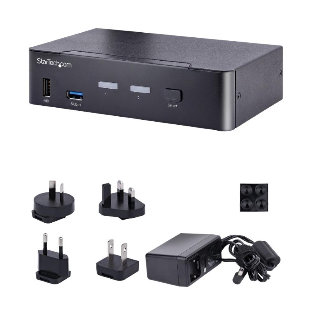 StarTech.com - Switch Conmutador KVM USB C Tipo C, KVM de 2 puertos DisplayPort con Vídeo UHD HDR de 4K 60Hz, Audio de 3,5mm, Hu