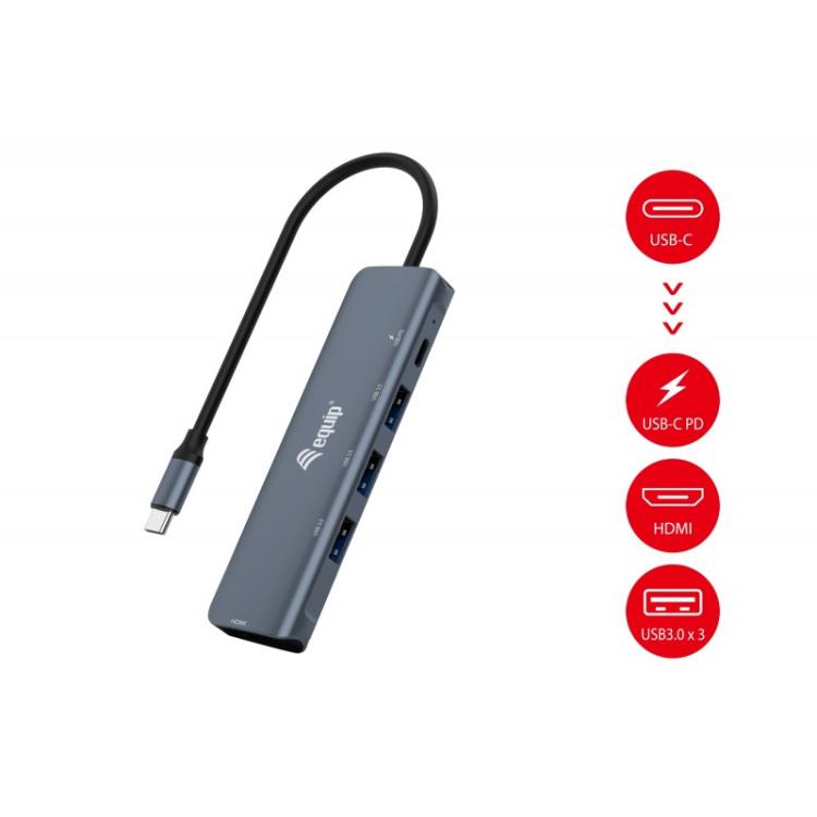 Equip - Adaptador multifunción USB-C 5 en 1, HDMI, USB 3.2 GEN1, 100W USB PD